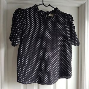 MONTEAU LA Black White Polka Dot Ruffle Short Sleeve Top Blouse Women's Medium
